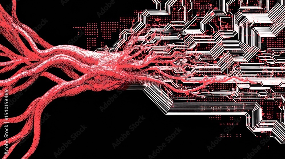 Poster stylized circuit board merges seamlessly with nerve design, illustrating the fusion of technology an