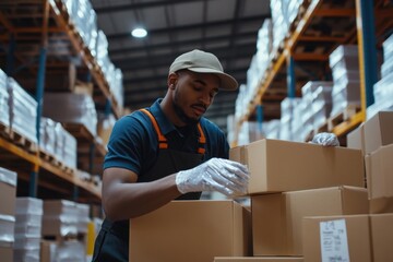 Warehouse worker packing boxes for shipping in a busy distribution center professional environment action-focused viewpoint logistics concept