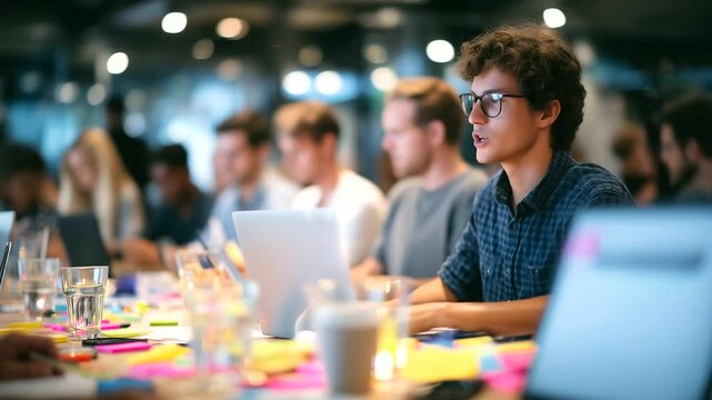 Focused group around a conference table, intense typing on laptops, cups of coffee, sticky notes and smartphones scattered nearby