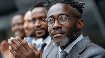 Businessman commends colleague while team shows appreciation through sincere applause in a professional setting