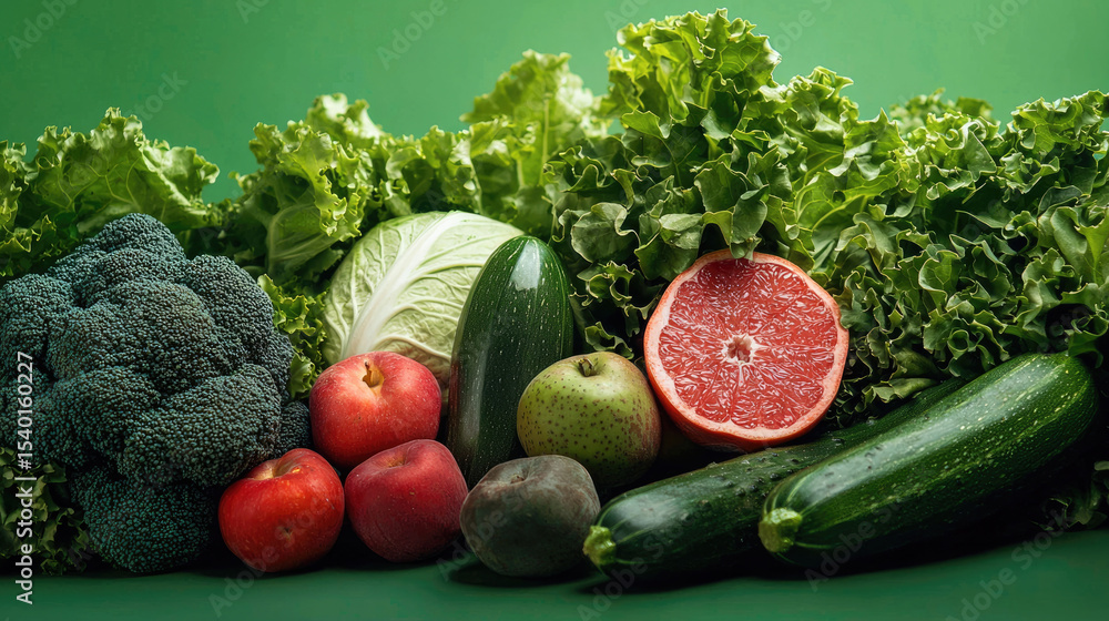 Poster fresh apple peach grapefruit cucumber broccoli lettuce cabbage and green vegetables on green backgro