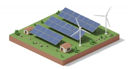 Isometric Animation of Solar Panels and Wind Turbines on Green Grass with Brown Soil in Renewable Energy Concept
