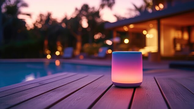 Colorful outdoor lamp on patio by pool at sunset