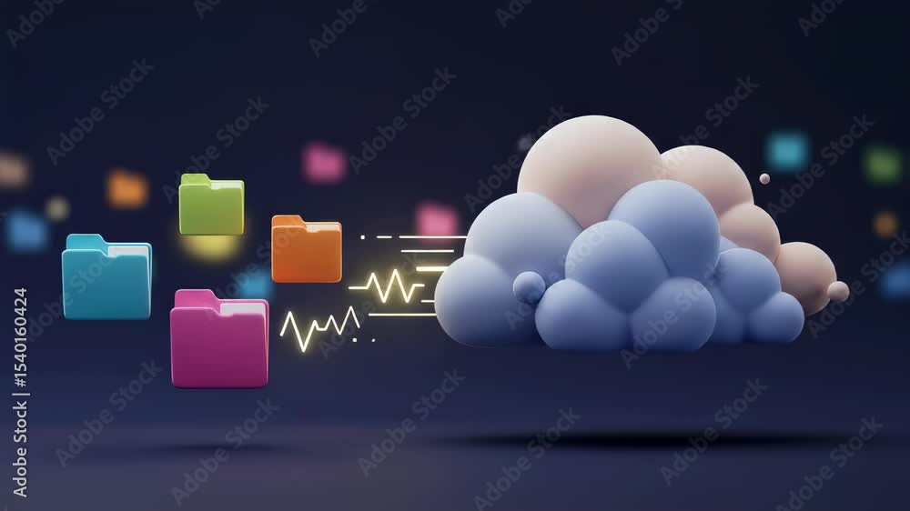 Poster data transferring from colorful folder icons to a stylized cloud server. concept of digital cloud st