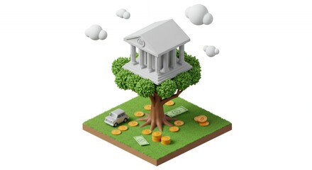 Isometric Bank Building on Tree with Money and Car Illustration on White Background