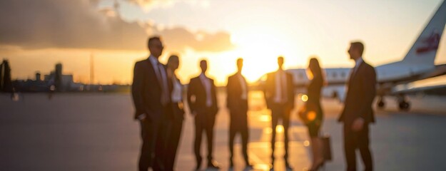 Business professionals silhouetted against a sunrise near a private jet, symbolizing elite networking, executive travel, and high-level corporate deals