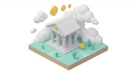 Isometric Bank Building with Gold Coins and Fluffy Clouds in 3D Rendered Style and Pastel Colors