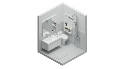 Isometric Bathroom Interior Featuring White Fixtures Against Tiled Walls Showcasing Clean Minimalist Design