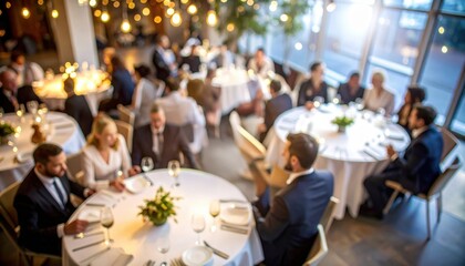 Elegant banquet hall with round tables and ambient lights symbolizing corporate events, gala dinners, business networking, or wedding receptions