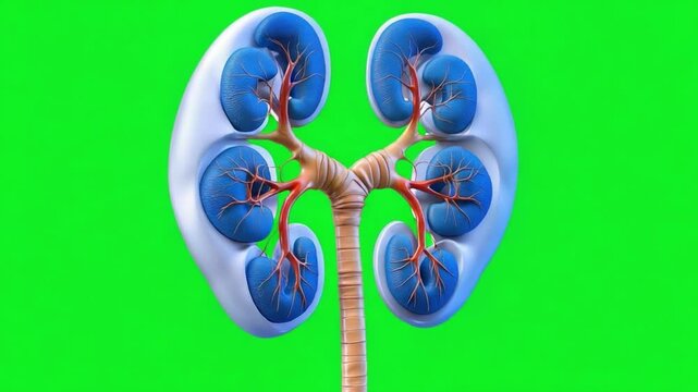 Detailed Anatomical Diagram of Human Kidney Anatomy with Vibrant Blue Color and Green Background