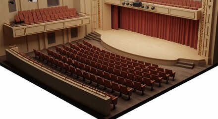 Isometric Blocky Auditorium Interior with Empty Seating and Stage Featuring Red Curtains and Spotlights