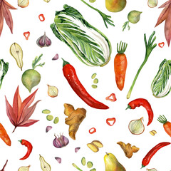 Vegetables for Korean kimchi, kimjang. Seamless pattern hand drawn on white background. Watercolor illustrations for decorating culinary recipes, posters, postcards.