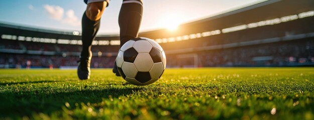 Football player poised to kick ball in stadium during golden hour symbolizing determination, competition, global sports passion, and athletic dreams