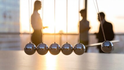 Newton's cradle in the foreground with blurred professionals conversing behind it representing momentum, cause and effect, or innovation in business