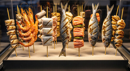 Various skewers of grilled fish and seafood are displayed in a restaurant.