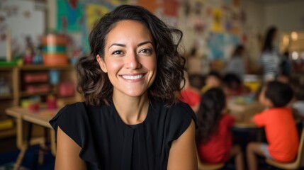 Obraz premium The image features a woman standing in front of an indoor classroom setting.