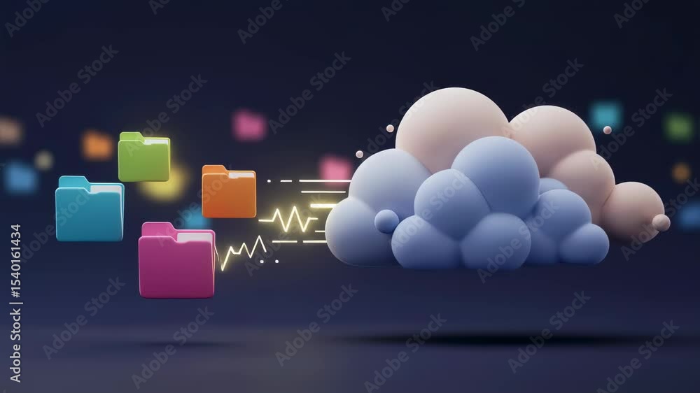 Poster colorful folders sending digital data to a virtual cloud. data transfer and cloud storage concept. d