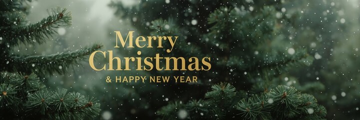 Christmas themed background and banner with blurred background of pine trees with snow falling ,Merry Christmas and Happy New Year Greetings 