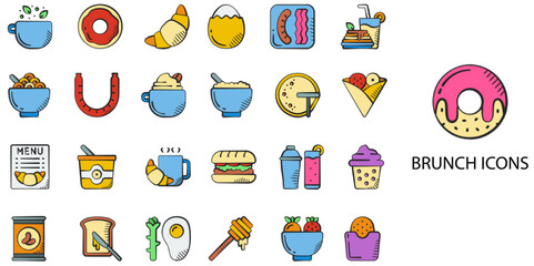 Brunch simple New concept 24 hand drawn color icons set .Vector illustration.