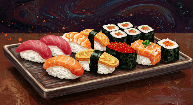 A painting of variety type sushi on a wooden board.