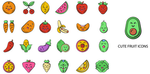 Cute Fruits simple New concept 24 hand drawn color icons set .Vector illustration.	