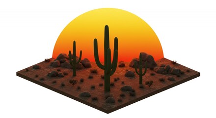 Isometric Desert Landscape with Saguaro Cactuses and Big Orange Sun 3D Render