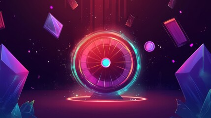 Abstract spinning portal with floating geometric blocks in neon colors