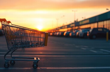 Empty shopping cart in parking lot at sunset