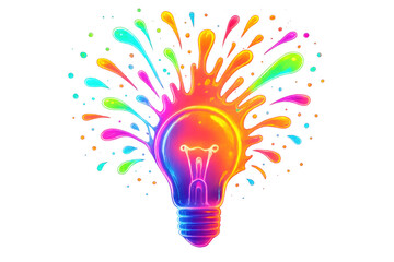 Vibrant paint bursting from illuminated light bulb, symbolizing creative energy against transparent backdrop