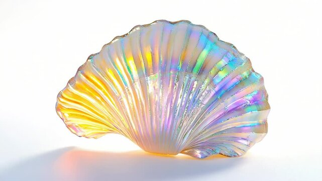 A vibrant shell placed on a clean white surface.