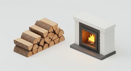 Isometric Firewood Stack Beside White Brick Fireplace with Warm Fire
