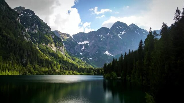 Serene alpine lake reflecting towering mountain peaks with snow patches surrounded by lush evergreen forests under a cloudy blue sky