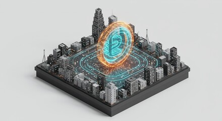 Isometric Futuristic Cityscape with Glowing Portal and Intricate Light Trails Grayscale Architecture