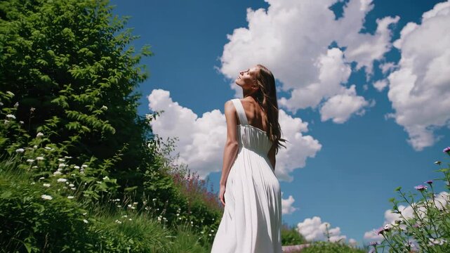 A beautiful woman in a white dress tanding on a path towards the clouds