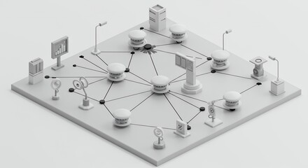 Isometric Gray Sensor Network Connecting Stylized City Elements in Technological Illustration