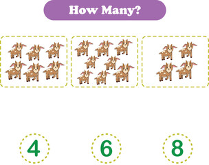 Fototapeta premium Counting game of wild animals for preschool kids. Counting goat. Printable. Vector Illustration