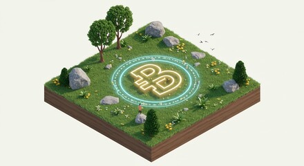 Isometric Green Landscape with Glowing Letter B and Wildflowers on White Background
