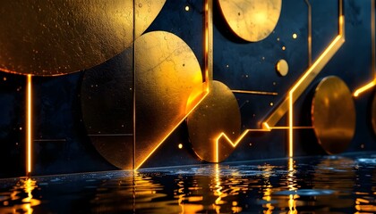 Golden abstract geometric shapes with rich embossed metallic textures and glowing neon edges, layered over a dark textured background with subtle light reflections .
