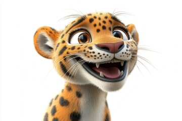 A Playful Animated Baby Leopard with Big Eyes and a Joyful Smile Displaying its Cheerful Personality Against a White Background