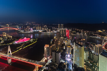 Chongqing, China: Aerial night panorama of the Jiefangbei district in Chongqing modern skyline around the Yangtse river in China