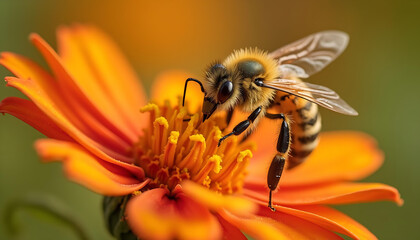 Honeybee on Orange Flower Macro Photography