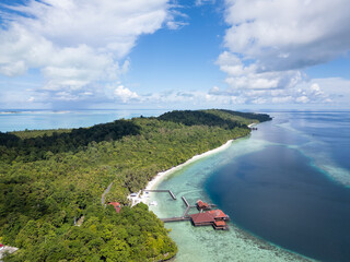 Maratua, Indonesia: Aerial view  of the coral reef along Maratua island, home of a few luxury resorts, in the Derawan archipelago in east Kalimantan in Indonesia Borneo.