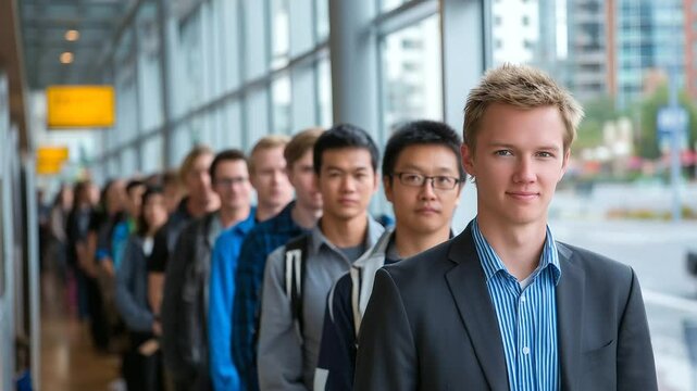 Long queue of multicultural applicants at career fair inside bright, glass-paneled building, everyone appearing optimistic and well-prepared