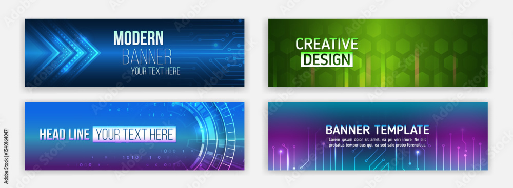 Poster Set of modern futuristic web banners with abstract technology backgrounds. Ideal for websites, advertising, business presentations, and digital marketing.