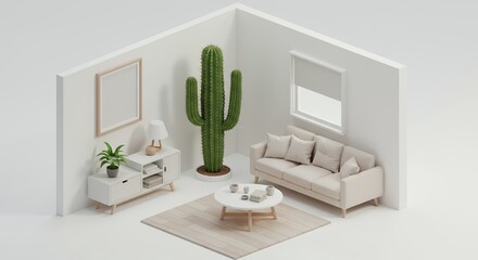 Isometric Interior Featuring Beige Sofa Cactus and Minimalist Decor With Neutral Tones and Soft Lighting