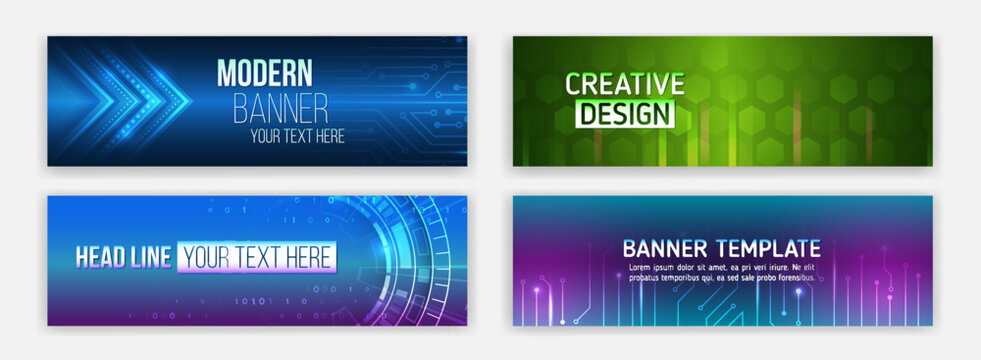 Set of modern futuristic web banners with abstract technology backgrounds. Ideal for websites, advertising, business presentations, and digital marketing.