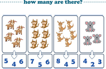 Counting game of wild animals for preschool kids. Printable. Vector Illustration