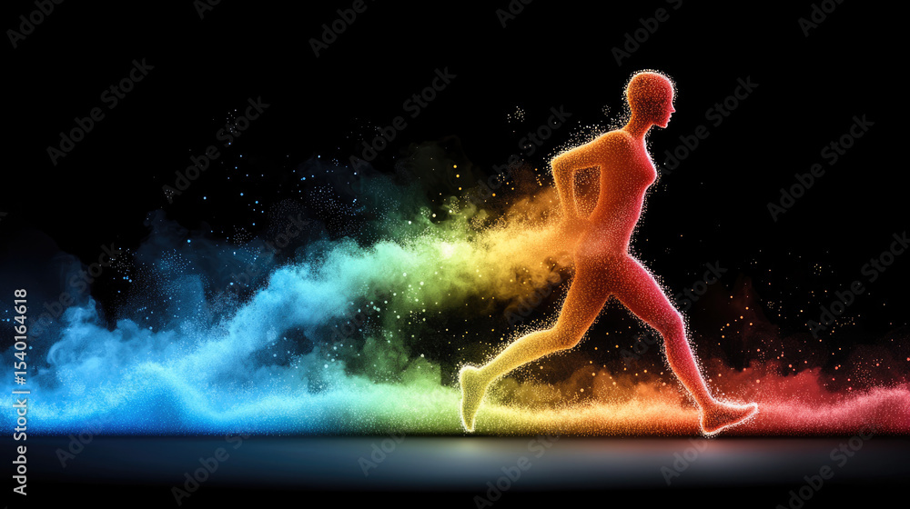 Poster colorful silhouette side view abstract rainbow running energetic dynamic glowing digital art black b