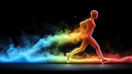 Naklejka premium Colorful silhouette side view abstract rainbow running energetic dynamic glowing digital art black background