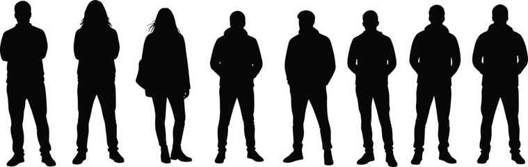 Silhouette group of diverse people standing in line, casual clothing, urban fashion, minimal style, shadow figures, black silhouettes on white background, vector illustration for stock design